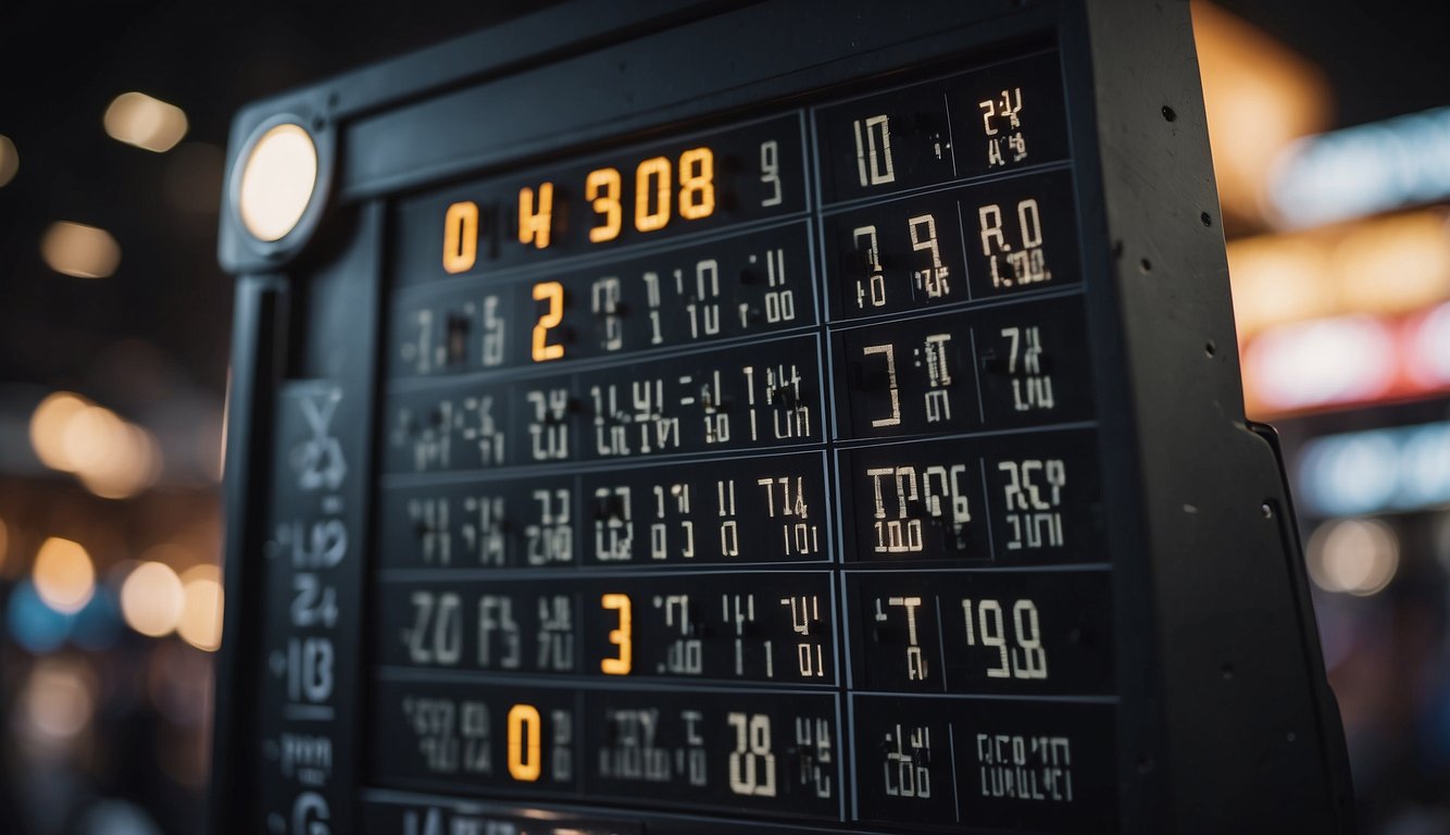 A hand presses buttons on a basketball scoreboard, changing the numbers to reflect the score