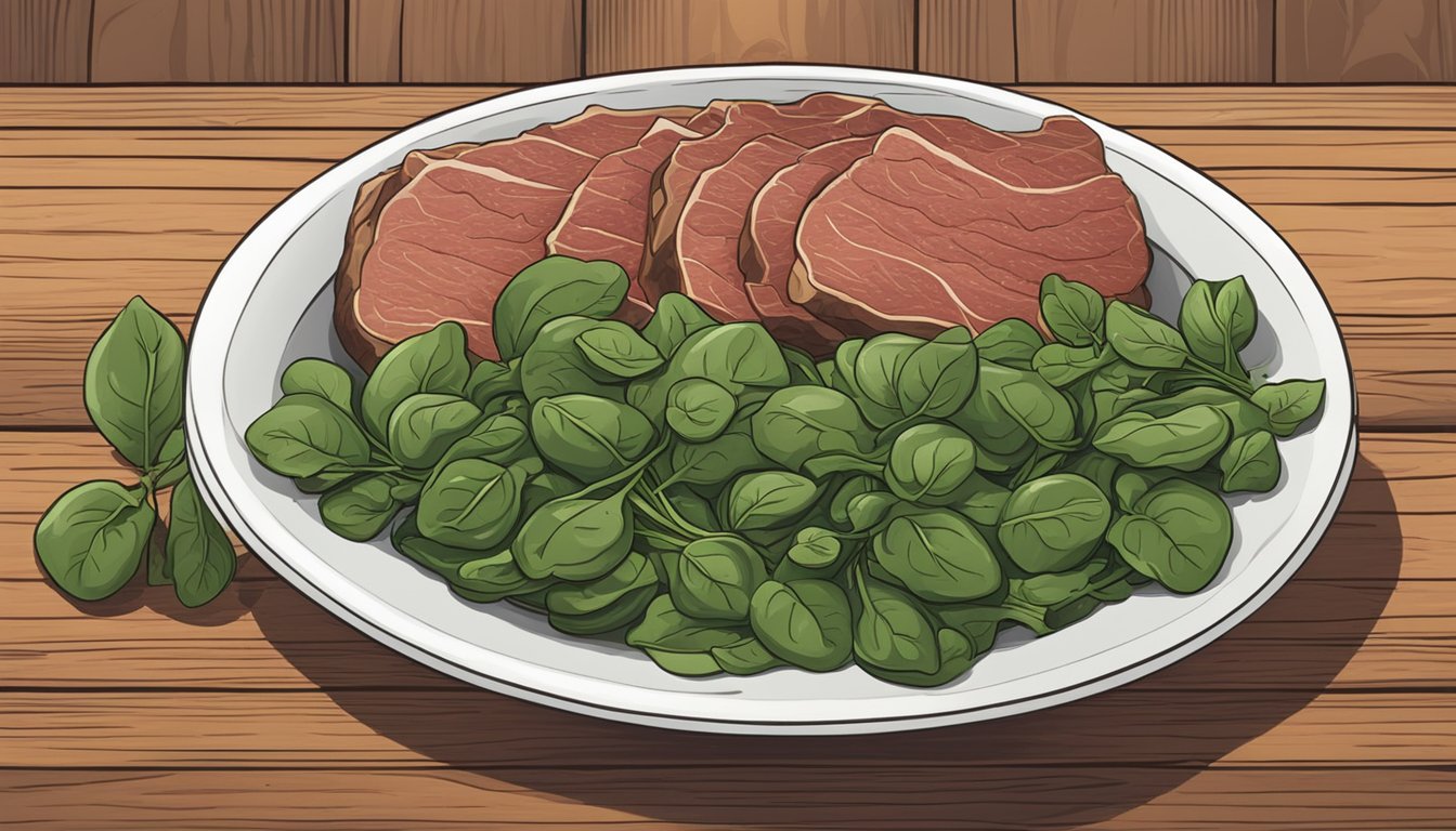 A bowl of spinach, lentils, and red meat on a wooden table. A sign reads "Rich in Iron for Health."