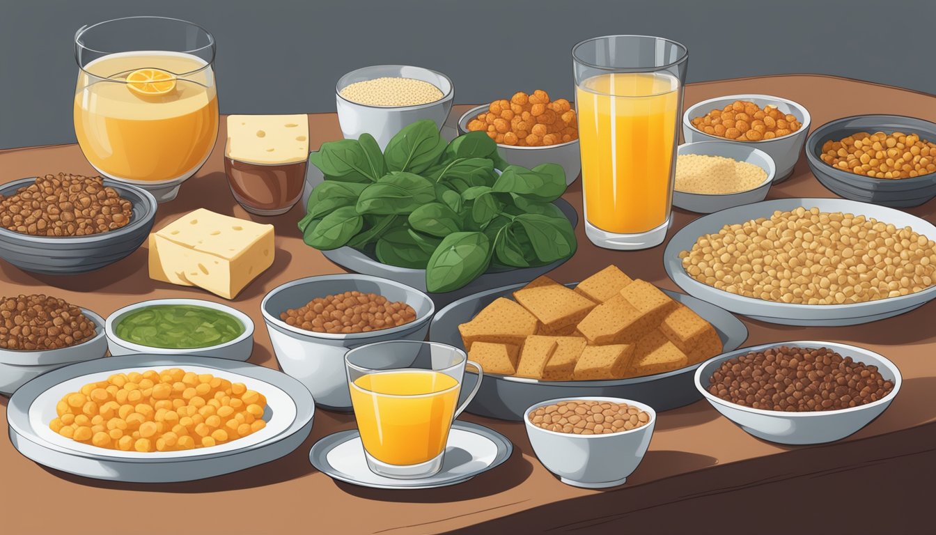 A table with various foods rich in iron, such as spinach, red meat, lentils, and tofu. A glass of orange juice and a bowl of fortified cereal are also present