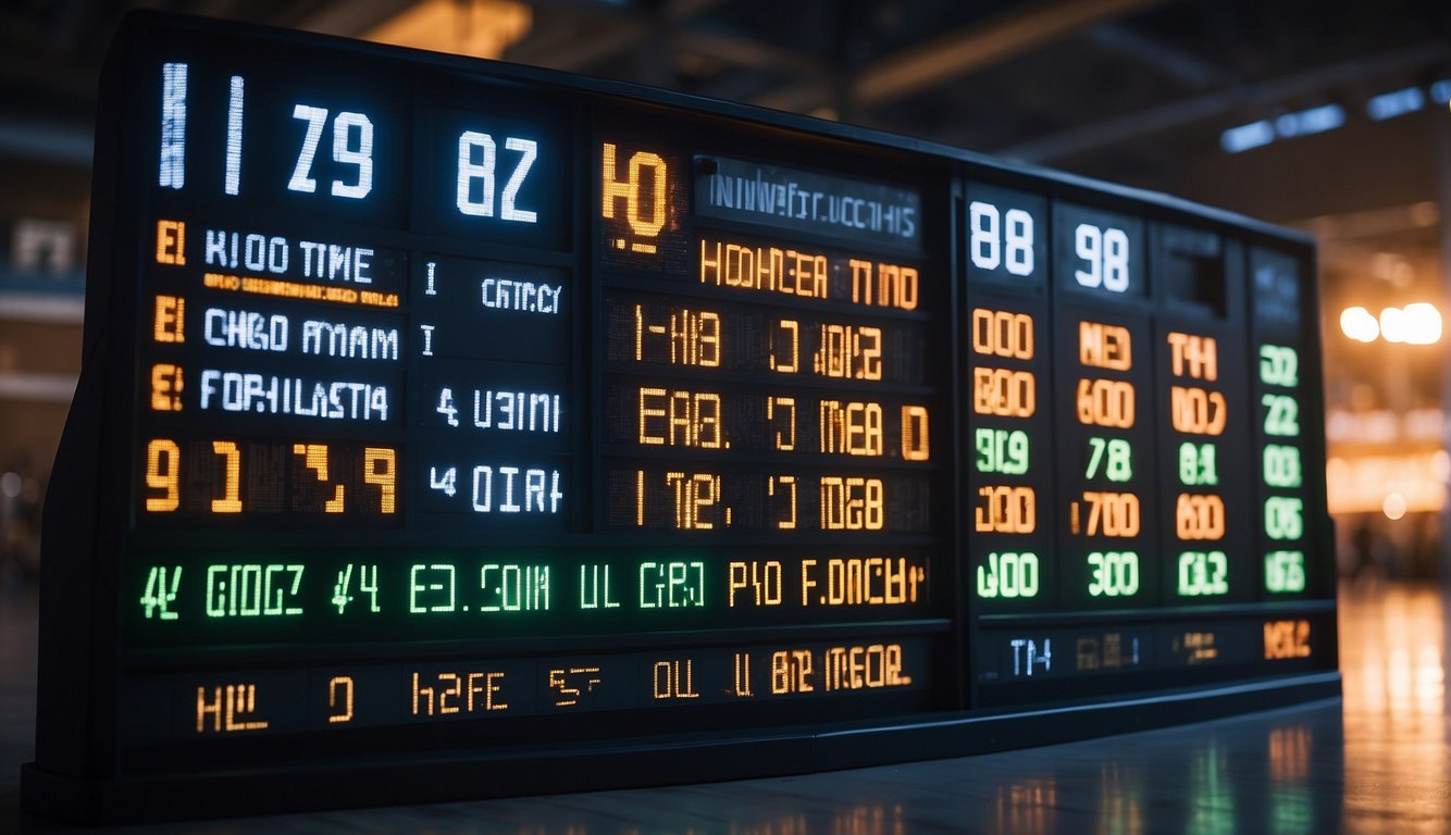 A basketball scoreboard displaying team names, scores, and game time. Bright LED lights illuminate the numbers and text