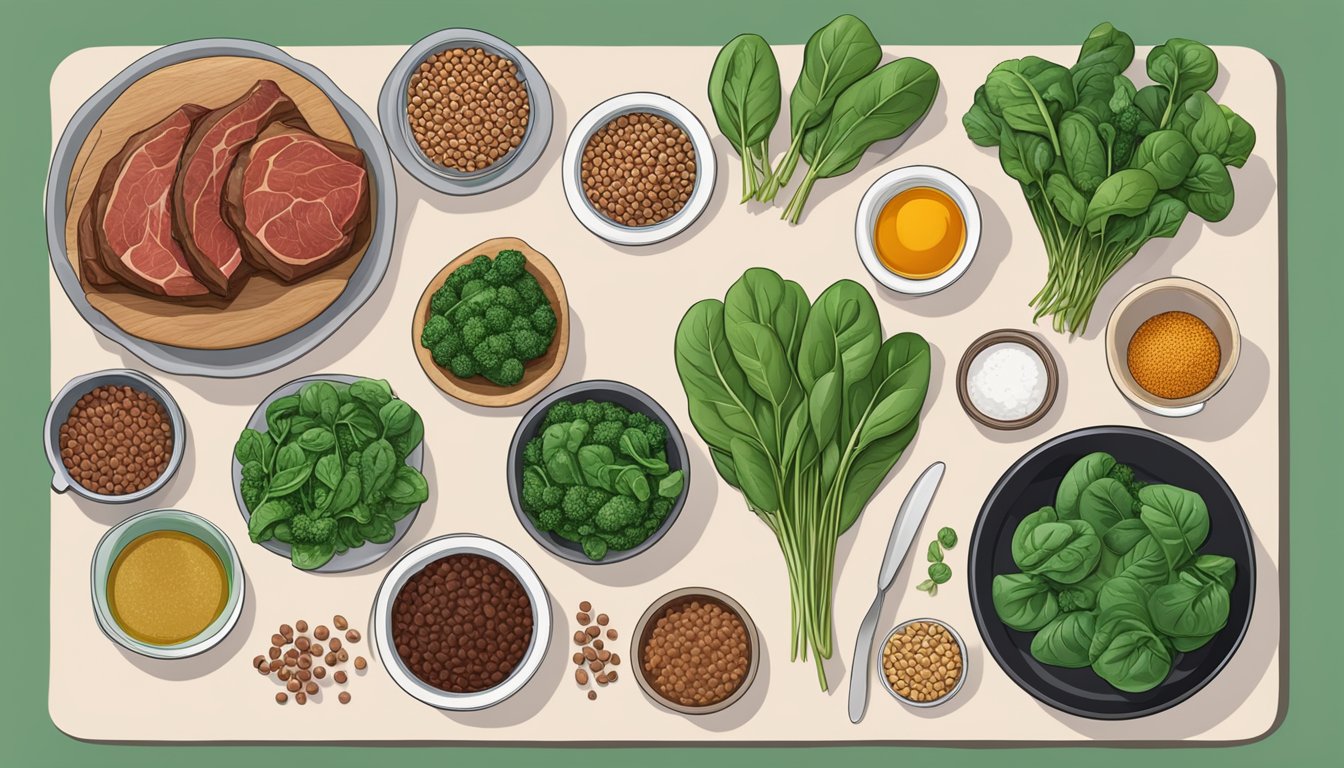 A table with various iron-rich foods like spinach, lentils, and red meat