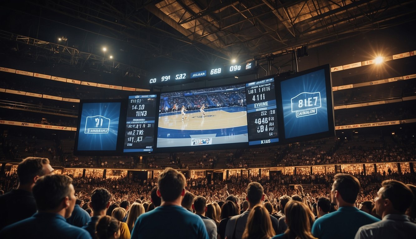 A basketball scoreboard displaying team scores and game time, with digital panels and bright LED lights, surrounded by cheering fans