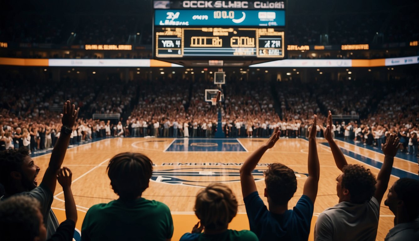 A basketball scoreboard displaying final score and game clock, surrounded by cheering fans and players celebrating on the court