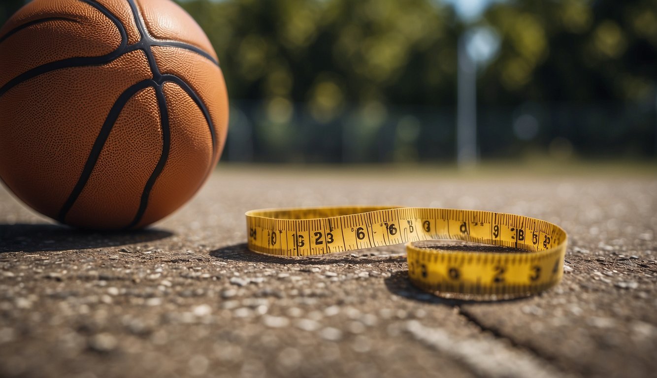 A hand holding a measuring tape next to a basketball, checking its diameter