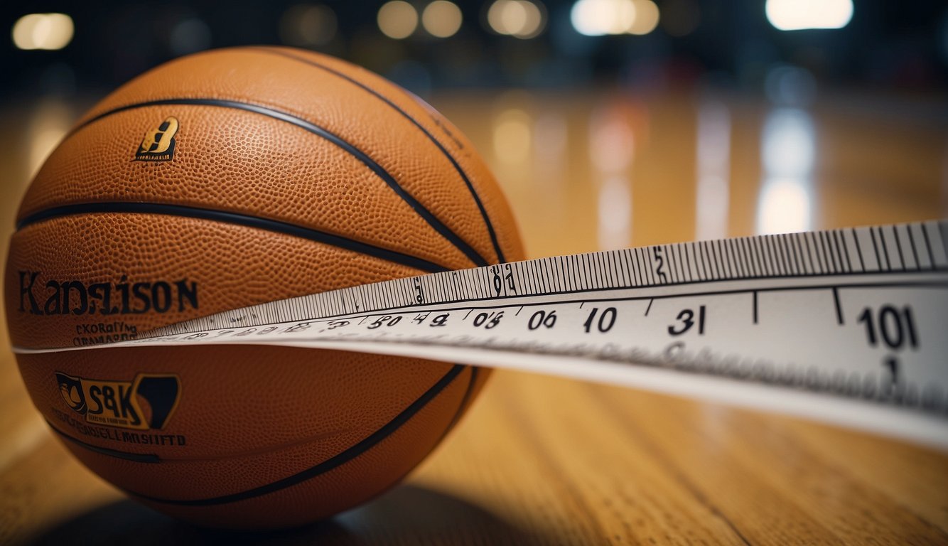 A ruler measures the circumference of a basketball, ensuring it meets regulation size