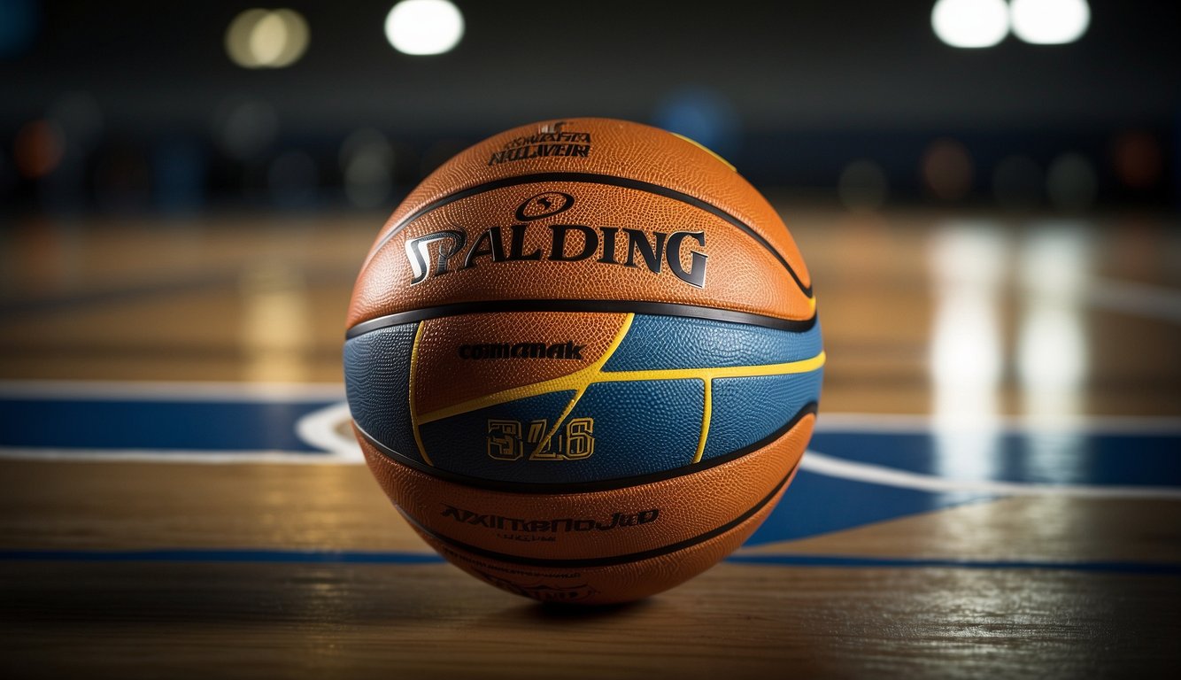 A regulation basketball sits on a flat surface, next to a tape measure. The tape measure is used to check the ball's circumference, ensuring it meets the standard size requirements