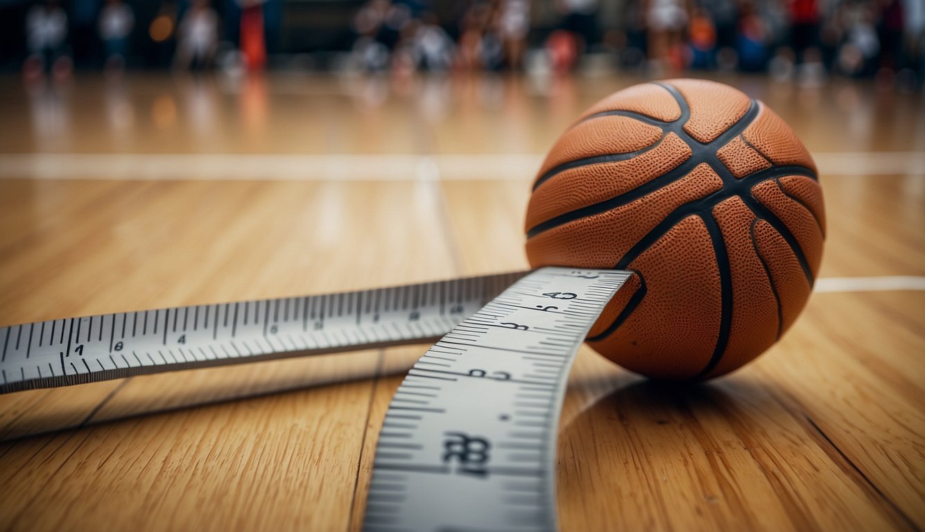 A basketball being measured with a ruler to check its size for indoor or outdoor play