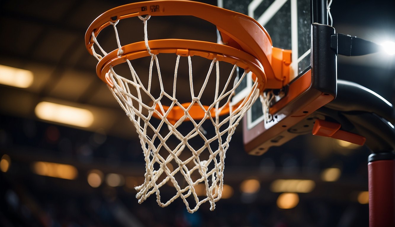 A basketball hoop with a scratch shooting game attached, surrounded by a vibrant and energetic atmosphere