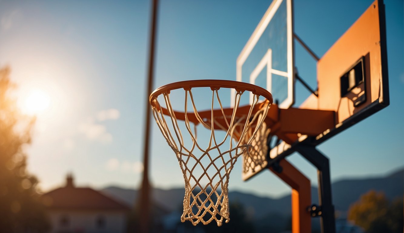 A basketball hoop stands against a vibrant backdrop, with a digital interface displaying advanced shooting features