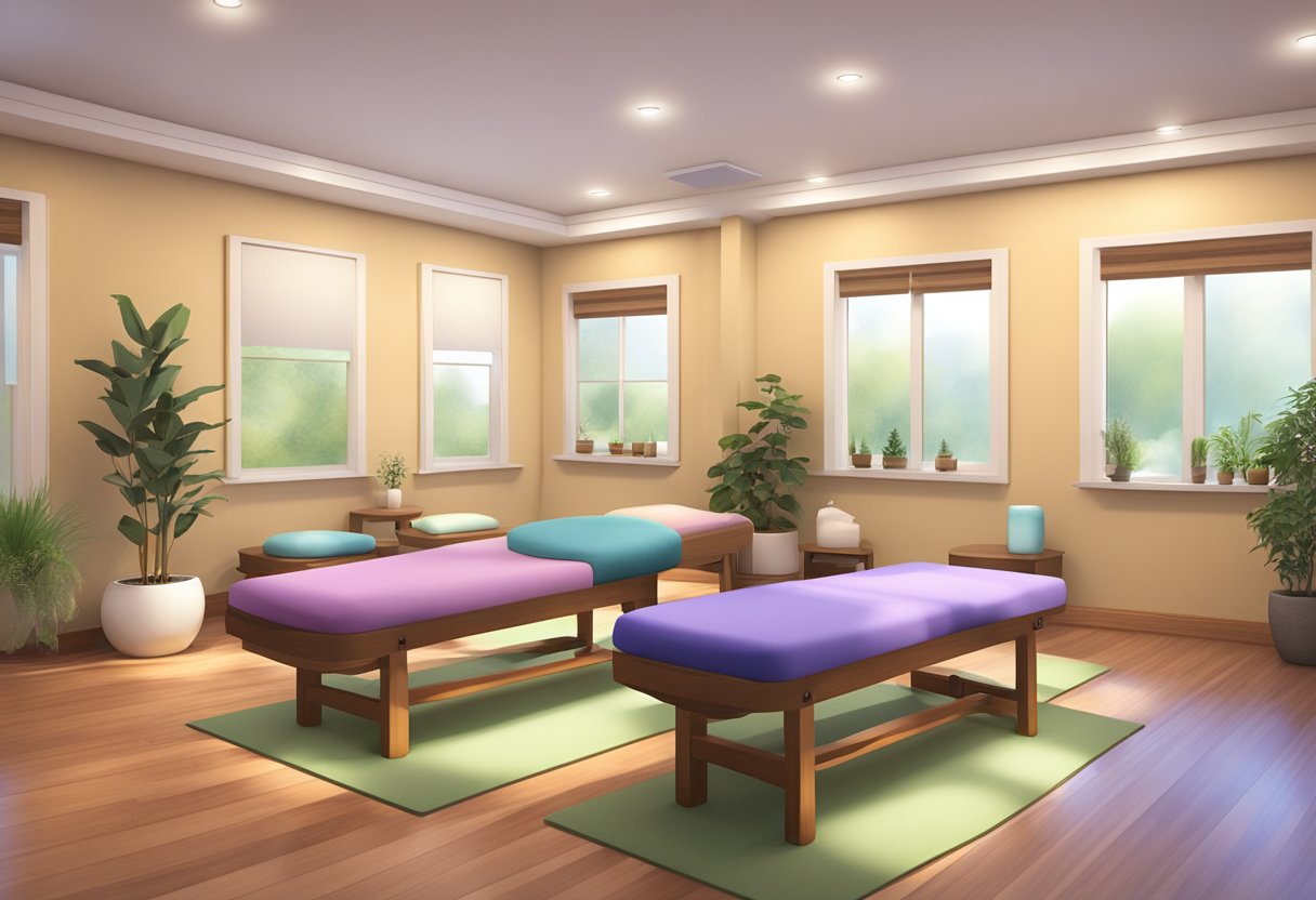 A peaceful room with soft lighting, calming music, and aromatherapy diffusers. Massage tables, yoga mats, and meditation cushions are arranged for holistic therapies at the hospice