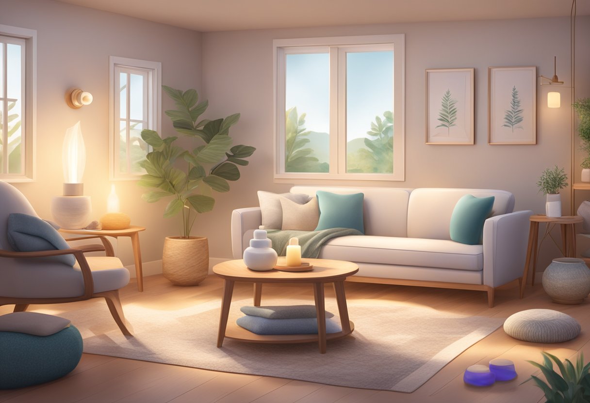 A serene room with soft lighting, comfortable seating, and calming decor. Aromatherapy diffuser, soothing music, and healing crystals create a peaceful atmosphere for holistic therapies