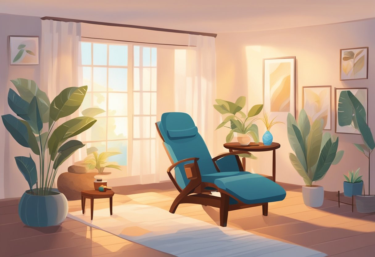 A peaceful room with soft lighting, soothing music, and essential oil diffusers. A therapist administers gentle massage and reiki to a patient in a comfortable reclining chair