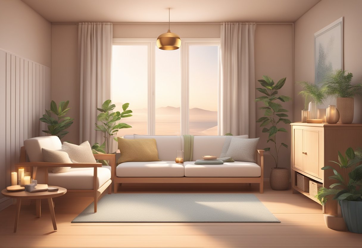 A serene room with soft lighting, calming colors, and comfortable furniture. Aromatherapy diffusers and soothing music create a peaceful atmosphere for holistic therapies