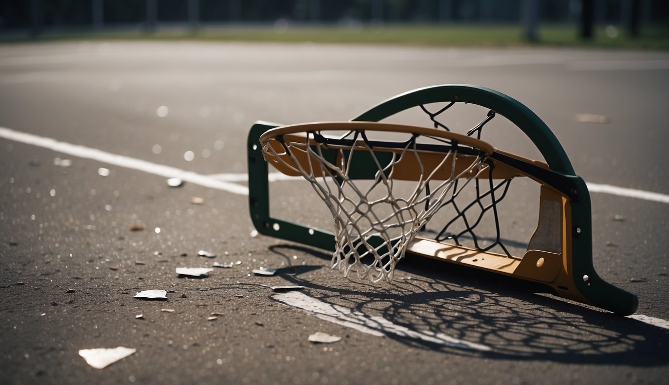 A shattered basketball hoop lies on the ground, its backboard cracked and the rim bent out of shape