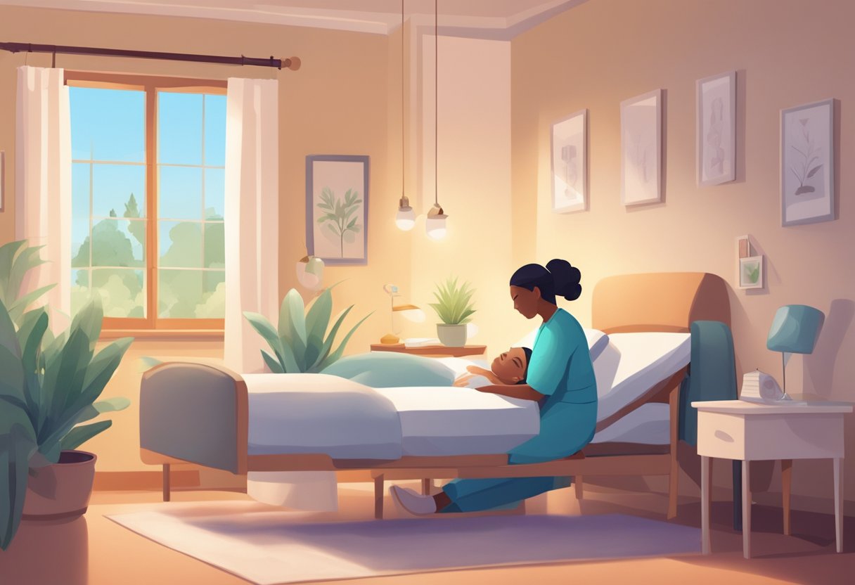 A peaceful room with soft lighting, comfortable furniture, and soothing decor. A caring nurse attends to a patient in a cozy bed