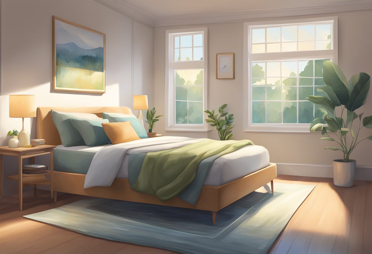 A serene room with a comfortable bed, soft lighting, and peaceful decor. A window allows natural light to filter in, creating a calming atmosphere