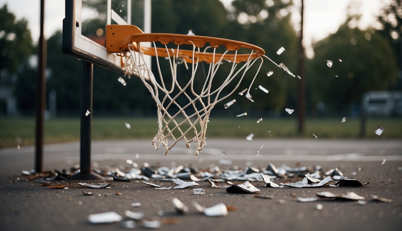 The shattered basketball hoop dangles from a metal backboard, with broken pieces scattered on the ground