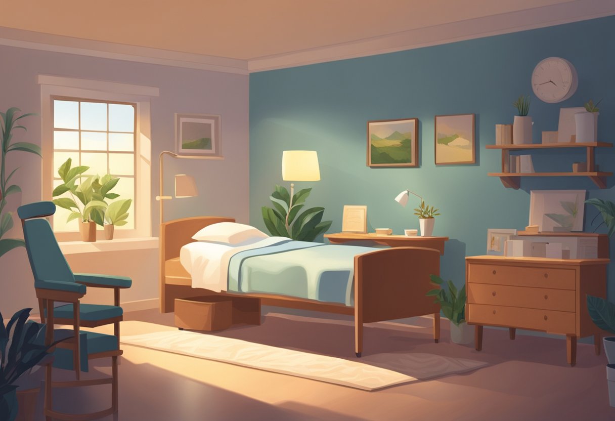 A serene hospice room with a comfortable bed, soft lighting, and a peaceful atmosphere. A nurse is nearby, attending to the patient's needs