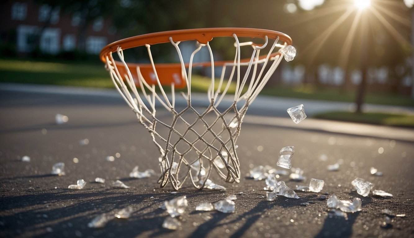 A shattered basketball hoop lies in pieces on the ground, with shards of glass and metal scattered around. The backboard is cracked and broken, with pieces of it hanging precariously from the rim