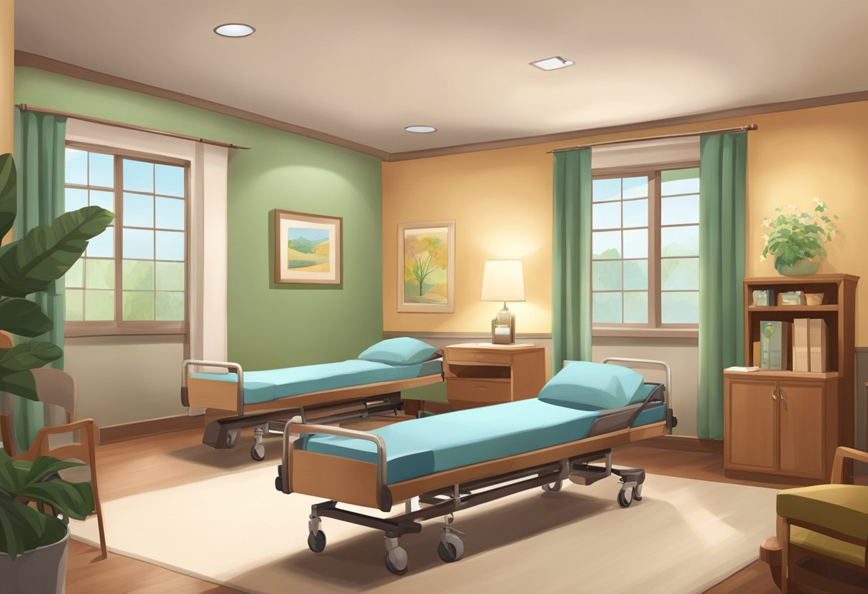 A serene hospice room with comfortable furnishings and soft lighting, a peaceful atmosphere for short-term inpatient care