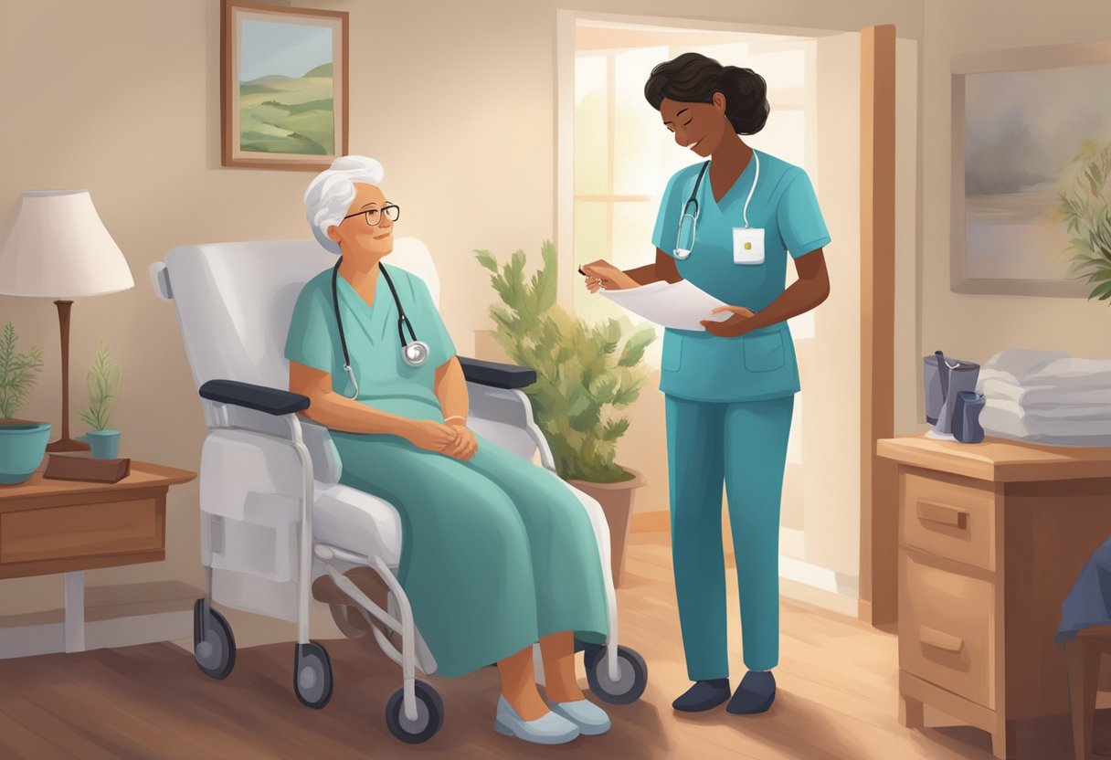 A nurse guides a patient's family through the hospice short-term inpatient care process, offering comfort and support in a cozy, homelike setting