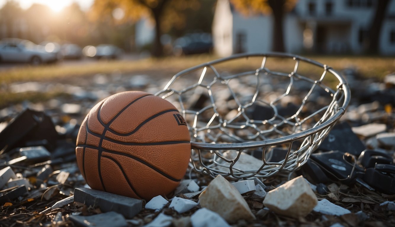 A shattered basketball hoop lies on the ground next to a pile of installation materials