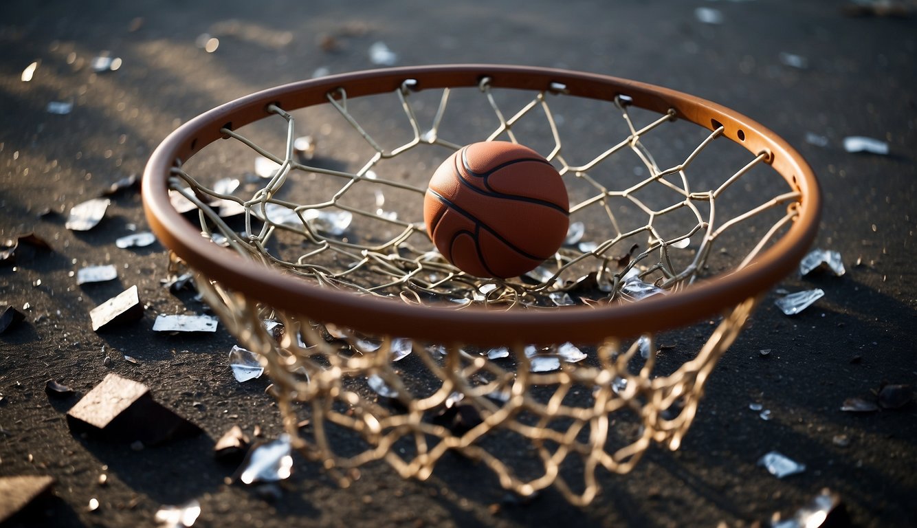 A shattered basketball hoop lies on the ground, surrounded by scattered pieces of broken metal and glass