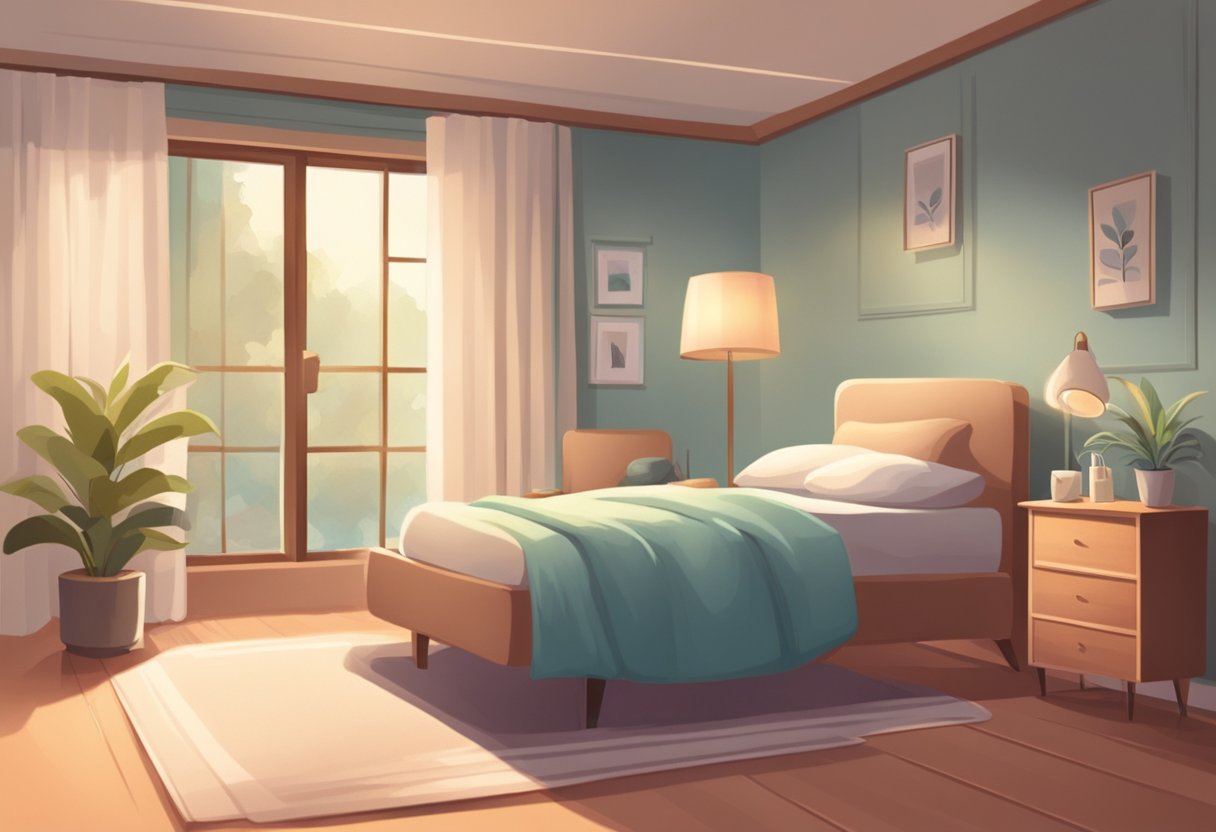 A serene room with a comfortable bed, soft lighting, and a peaceful atmosphere. A nurse or caregiver may be present, tending to the needs of the patient