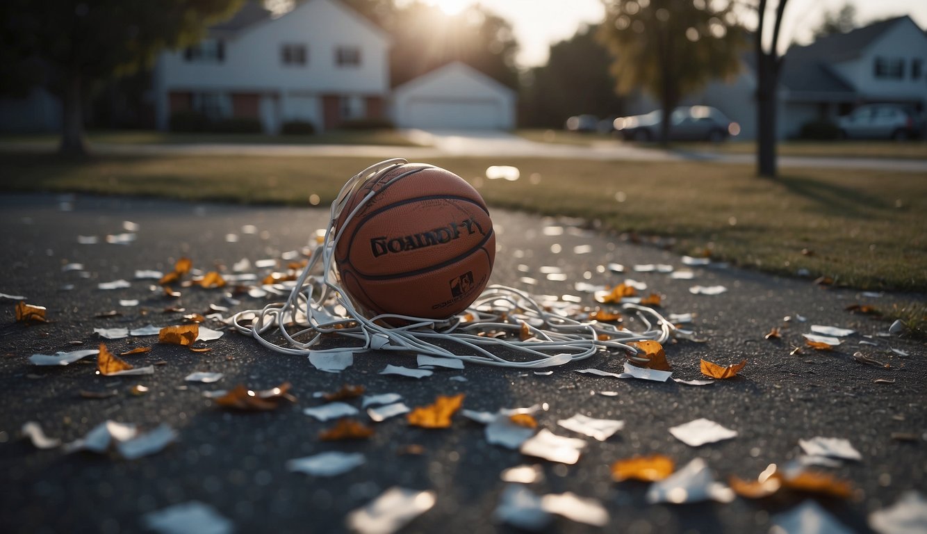 A shattered basketball hoop lies on the ground, surrounded by scattered pieces and a visible sign of safety concerns