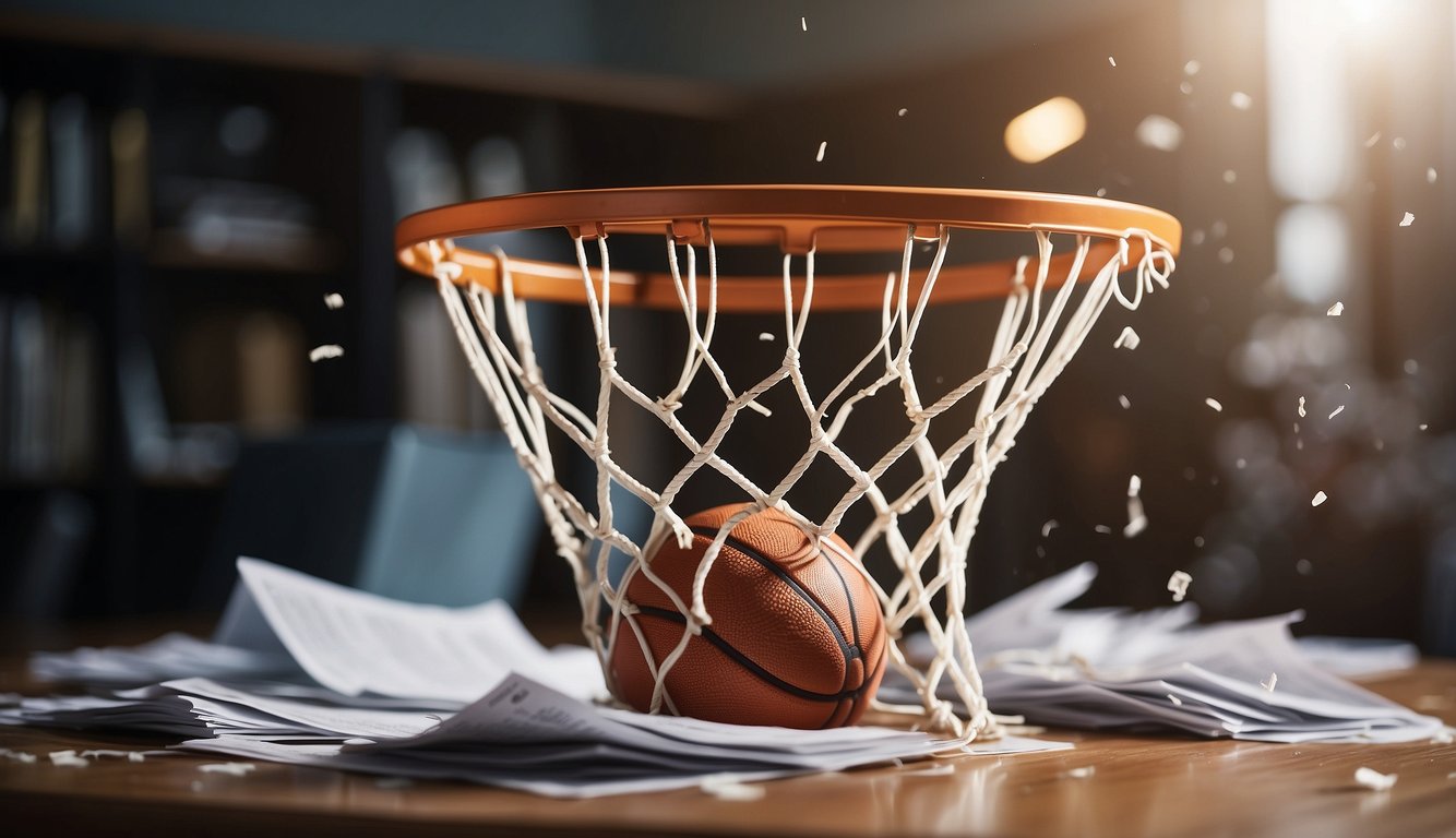 A shattered basketball hoop surrounded by legal and financial documents