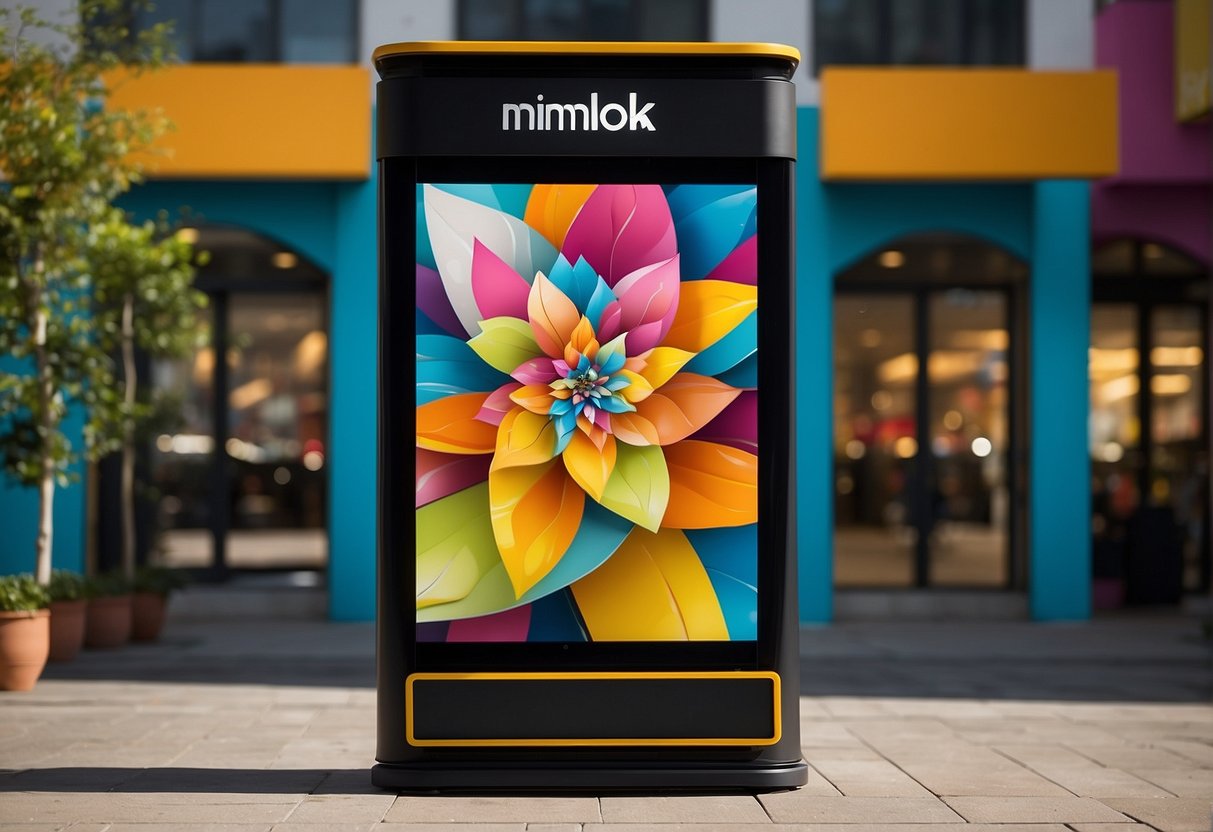 A vibrant Nimlok display stands tall, showcasing products with colorful graphics and sleek design, drawing in passersby with its captivating presence