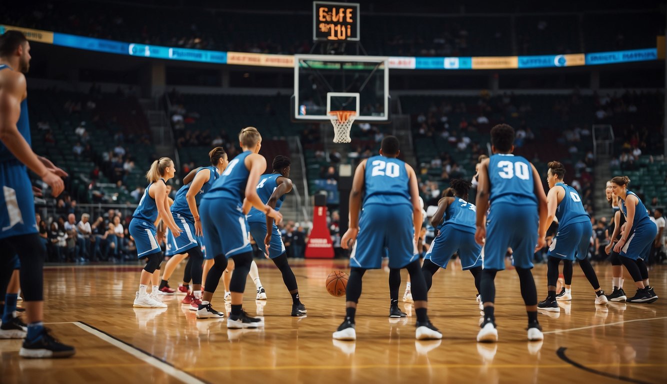 Players warming up, dribbling and shooting on the court. Fans filling the stands, cheerleaders practicing routines. Referees inspecting the equipment