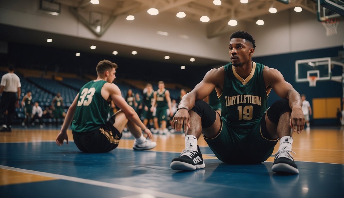 Players stretching, warming up, and practicing layups on the court before a basketball game