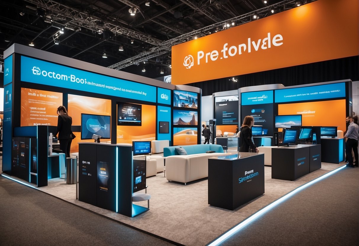 A vibrant trade show booth with branded banners, interactive touch screens, and sleek product displays. Bright lighting and open layout invite attendees to explore