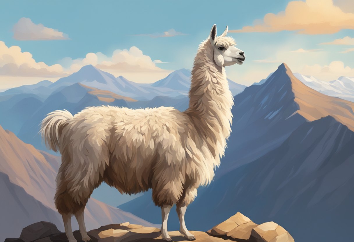 A majestic llama stands on a rocky mountain peak, its woolly coat blowing in the wind as it gazes out over a vast, dramatic landscape