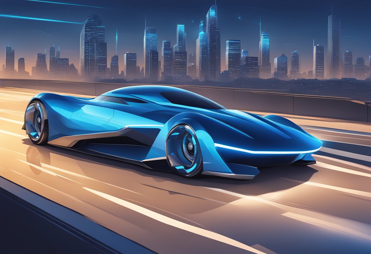 A sleek, futuristic vehicle with angular lines and glowing blue accents, set against a backdrop of a bustling city skyline at dusk