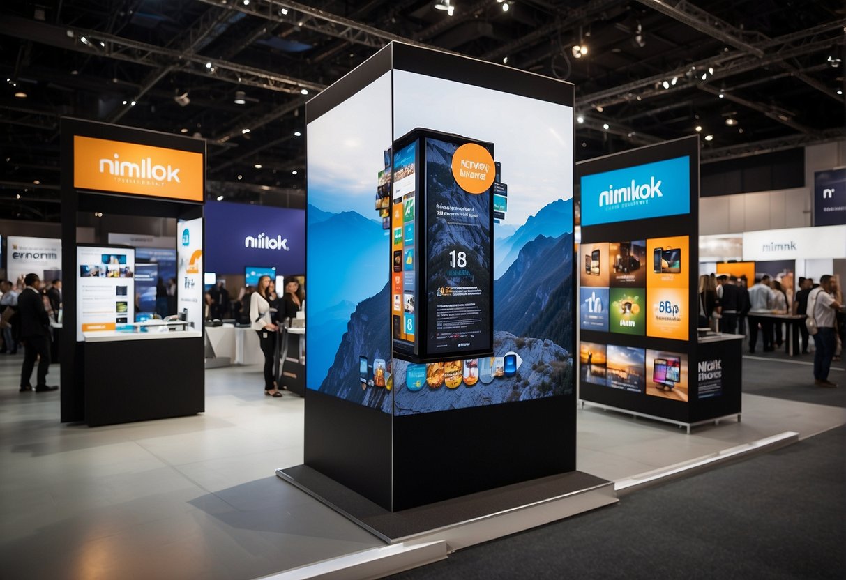 The nimlok display stands tall, with vibrant graphics and sleek accessories, drawing attention at the trade show