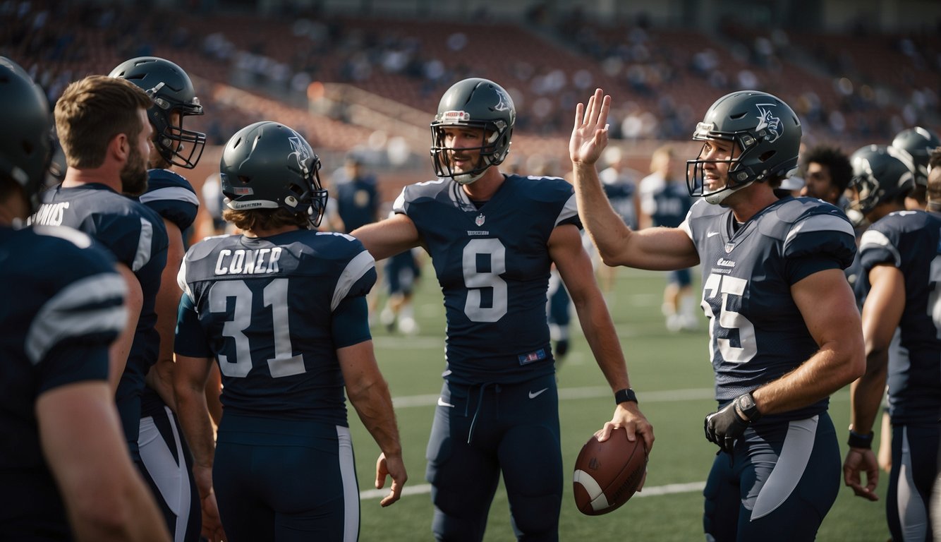 Players huddle, exchanging high-fives and words of encouragement before the game begins. The coach gives last-minute instructions as the team psyches up for a win