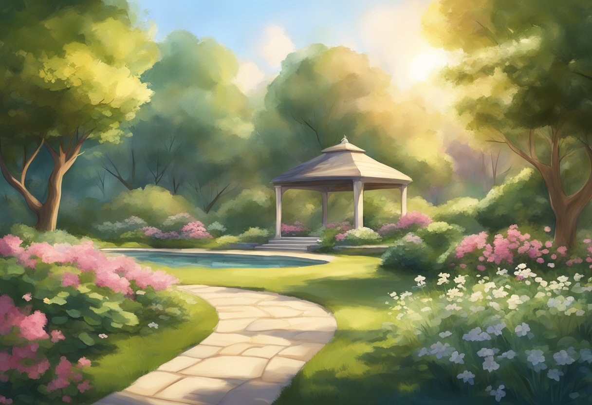 A serene garden with a cozy, inviting atmosphere. Soft sunlight filters through the trees, creating a peaceful and comforting environment for relaxation and respite