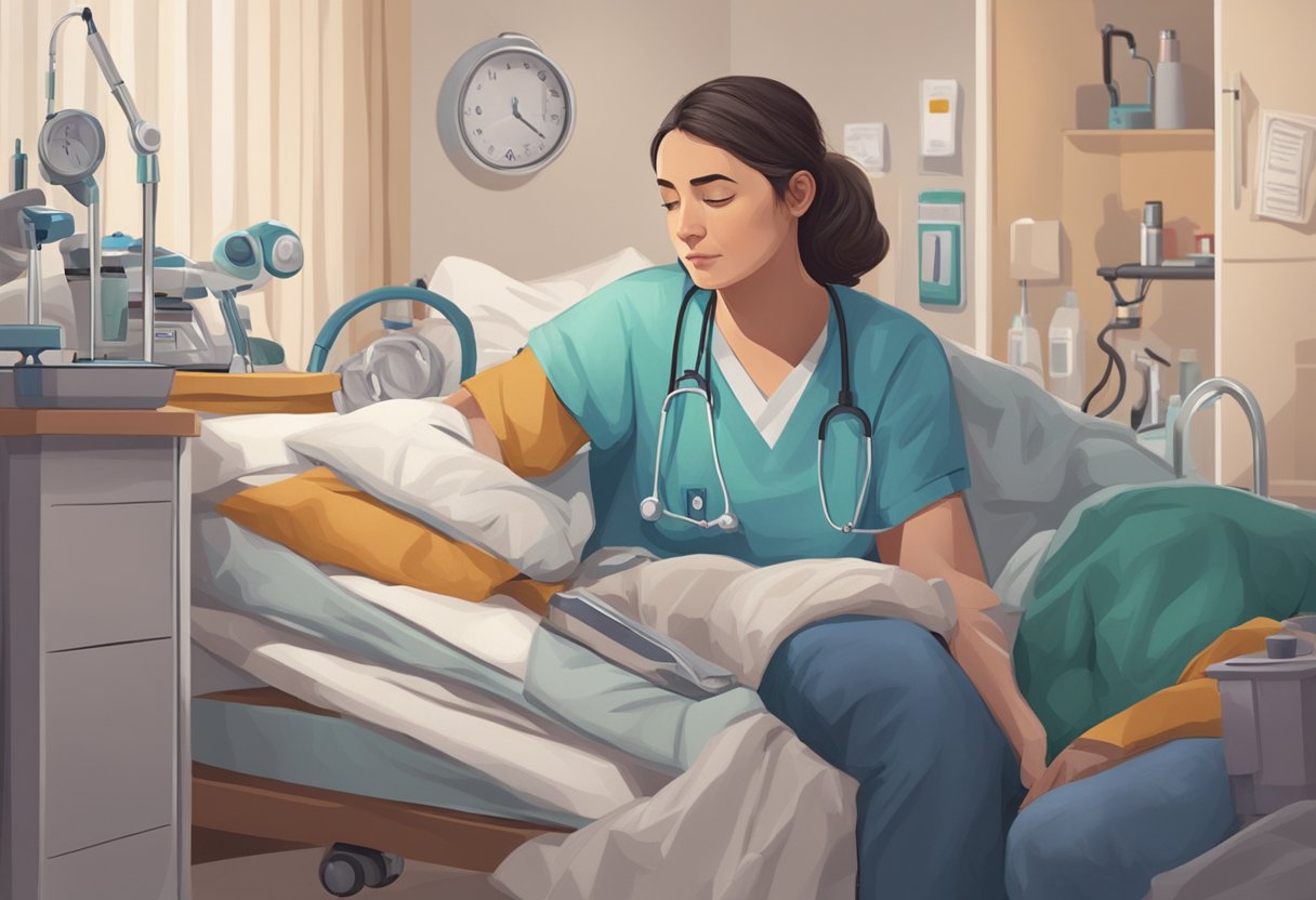 A caregiver sits beside a bed, surrounded by medical equipment and comforting items. They appear exhausted but determined, facing the challenges of providing care for their loved one