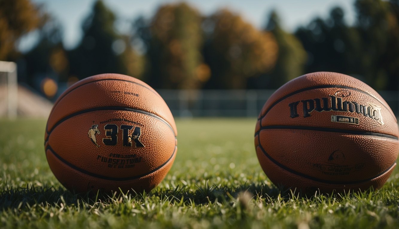 A basketball and a football sit side by side on a grassy field, surrounded by the markings of each respective sport