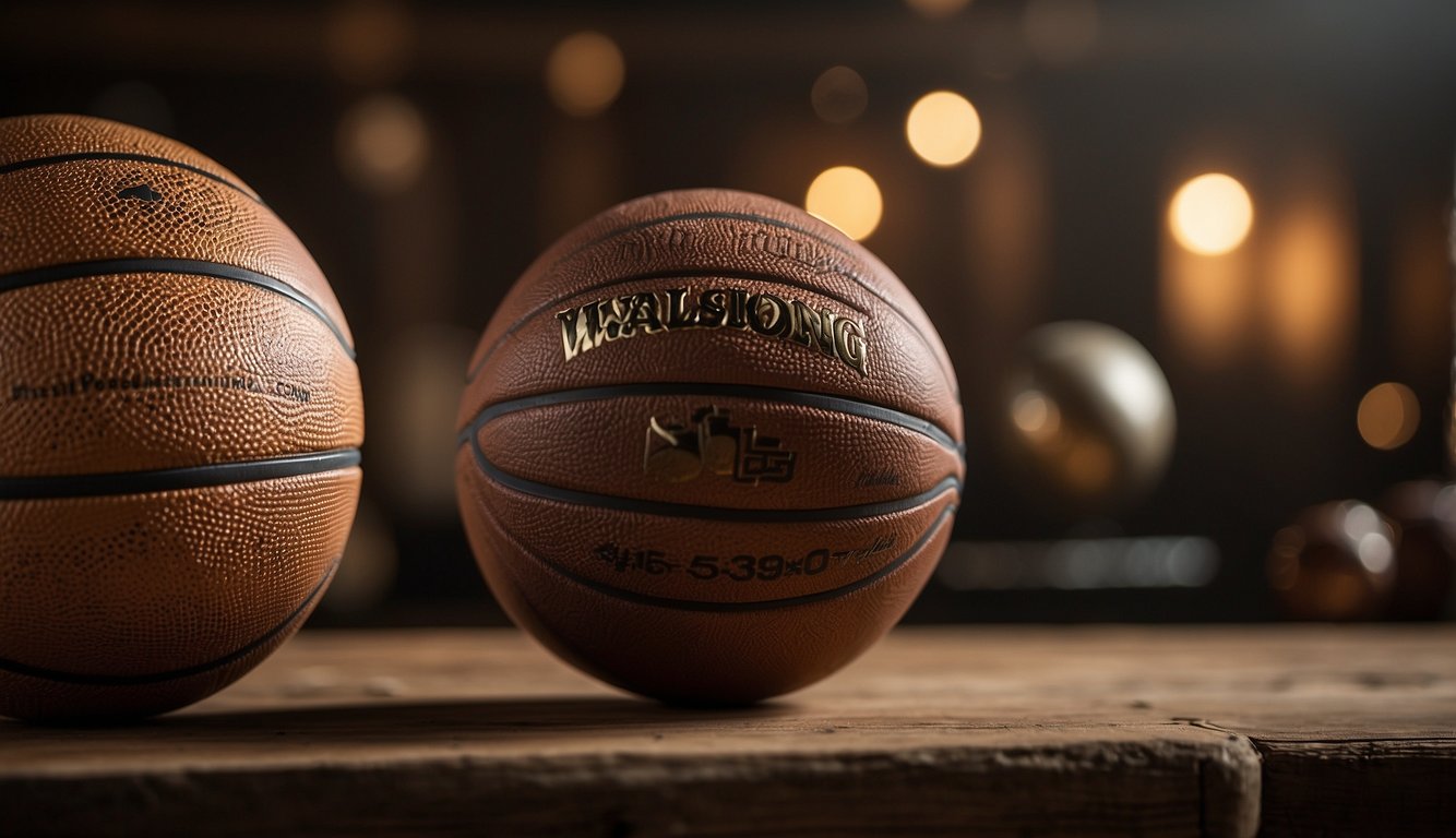 A basketball and football stand side by side, surrounded by historical images of their evolution. The basketball is smaller, with raised bumps, while the football is larger and oblong, with laces running down the middle