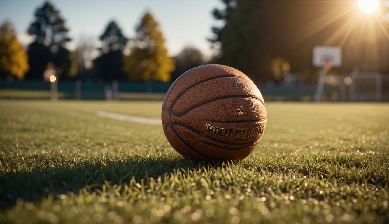 A basketball and a football sit side by side on a grassy field, with the sun shining down and casting long shadows