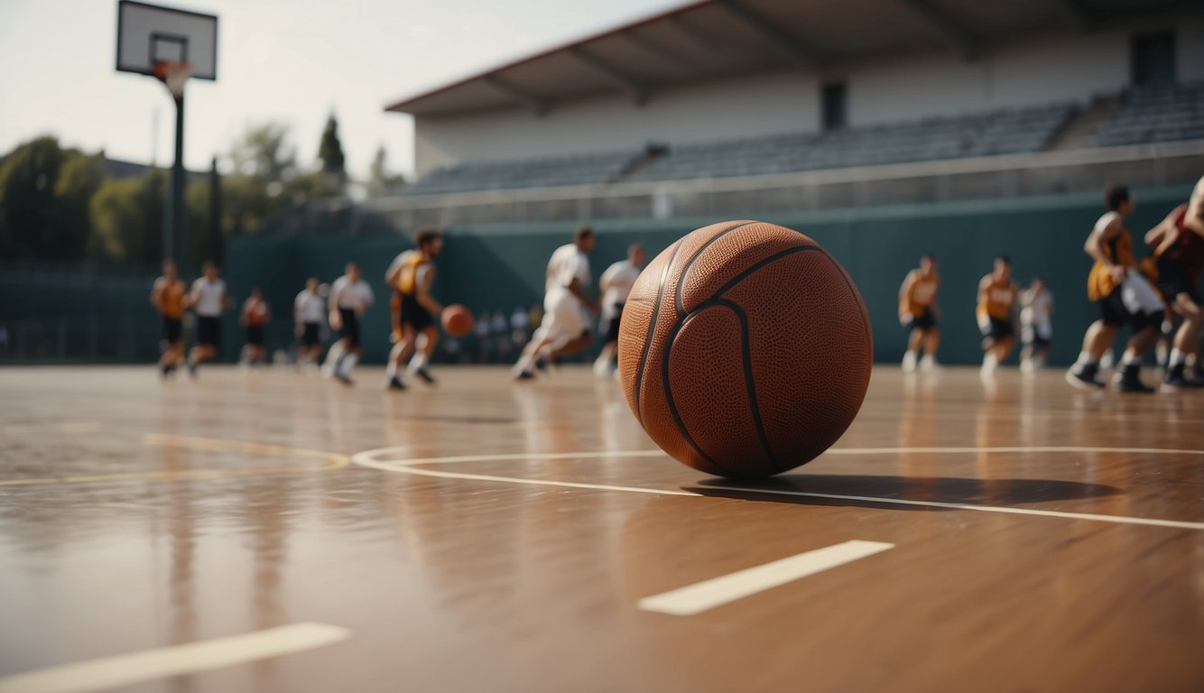 Players dribble and shoot in basketball, while passing and tackling in football. The basketball court is smaller than the football field