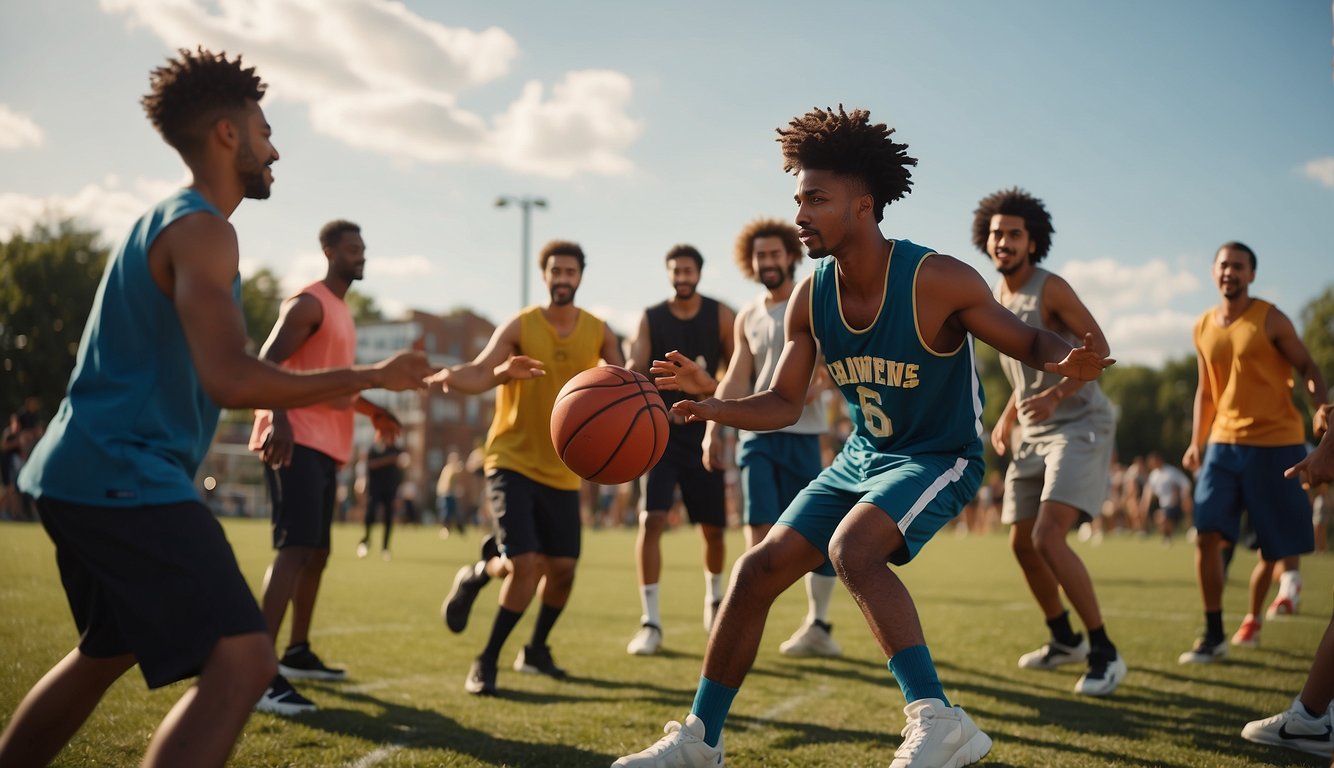 A diverse group of people playing basketball in a vibrant urban setting, while another group engages in a competitive football match in a grassy field