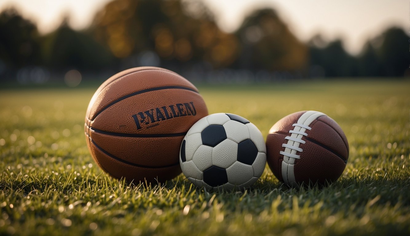 A basketball and a football sit side by side on a grassy field, highlighting the contrast between their shapes, sizes, and textures