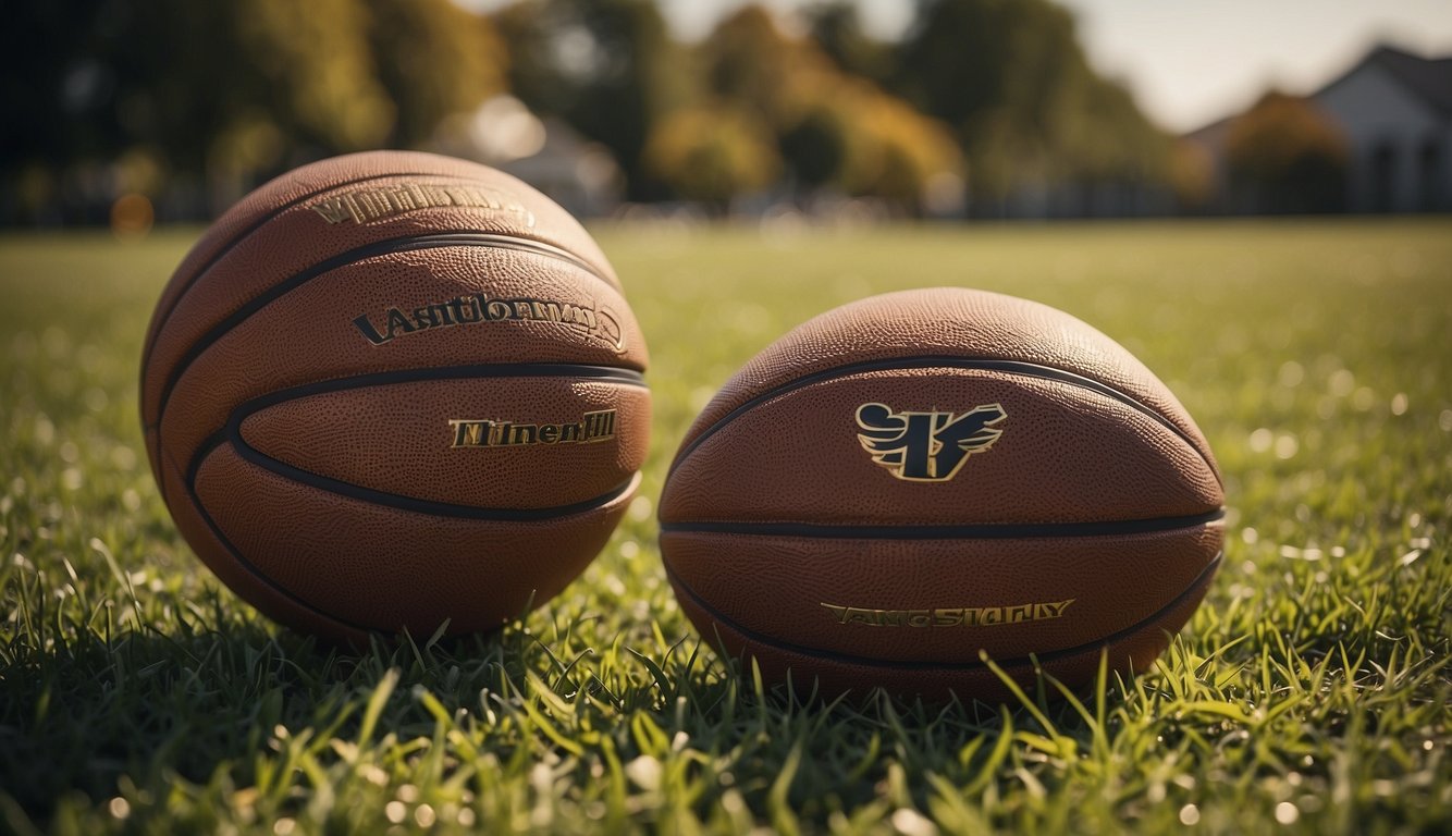 A basketball and football sit side by side on a grassy field, surrounded by vintage sports equipment and memorabilia. A timeline of significant events in each sport is displayed in the background