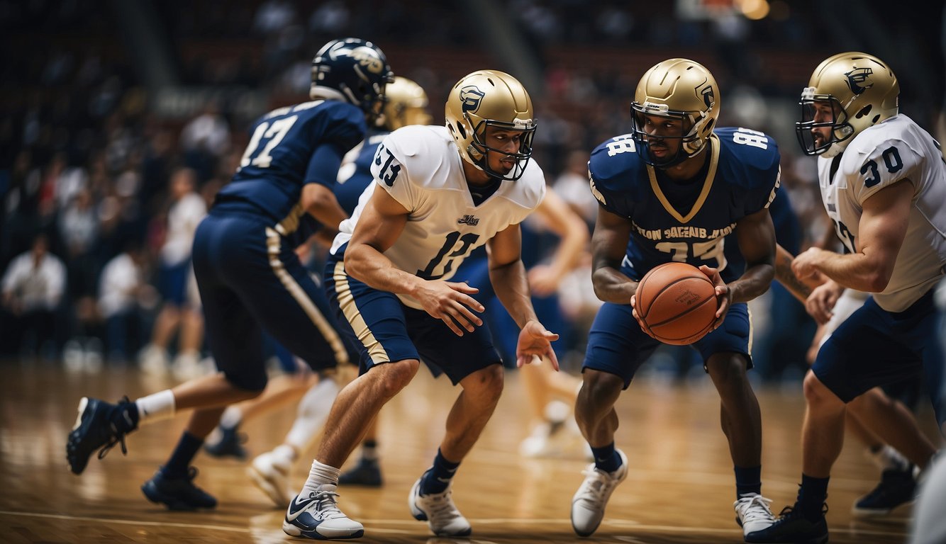 Players dribble and pass in basketball, while football players kick and tackle. Different roles include point guard and center in basketball, and quarterback and linebacker in football