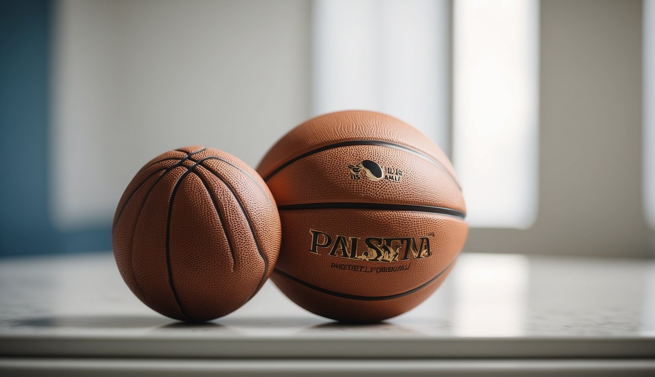 A basketball and a football sit side by side on a clean, white surface. The basketball is round and bouncy, while the football is oblong and textured