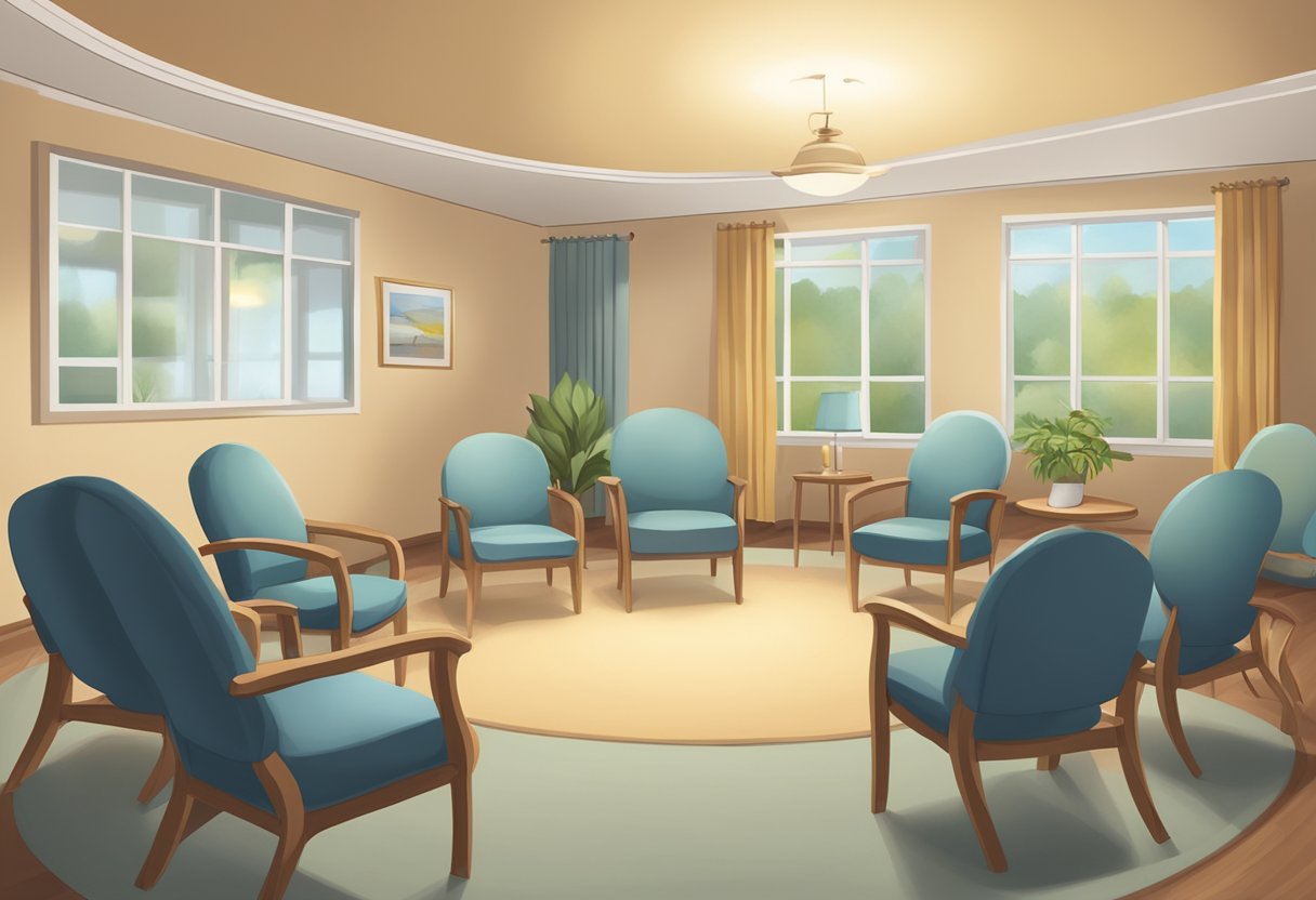 A circle of chairs, soft lighting, and comforting decor in a hospice support group room